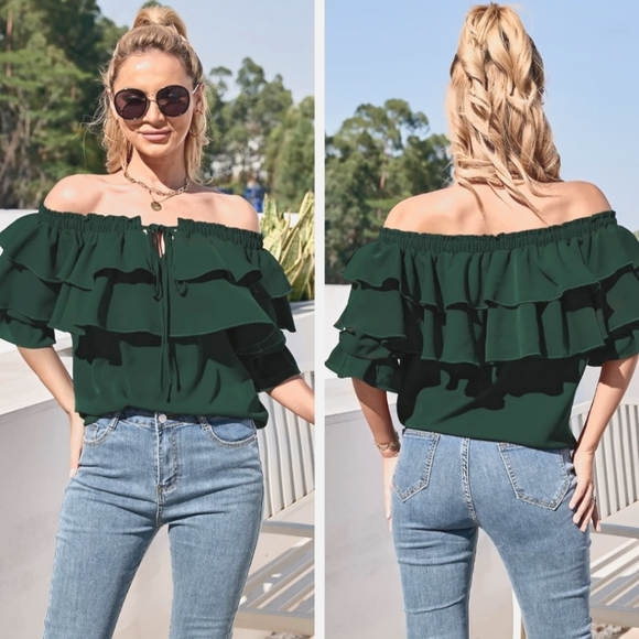 Birria Tops - Byinns Women's Off The Shoulder Layered Ruffle Top in Emerald size XXL